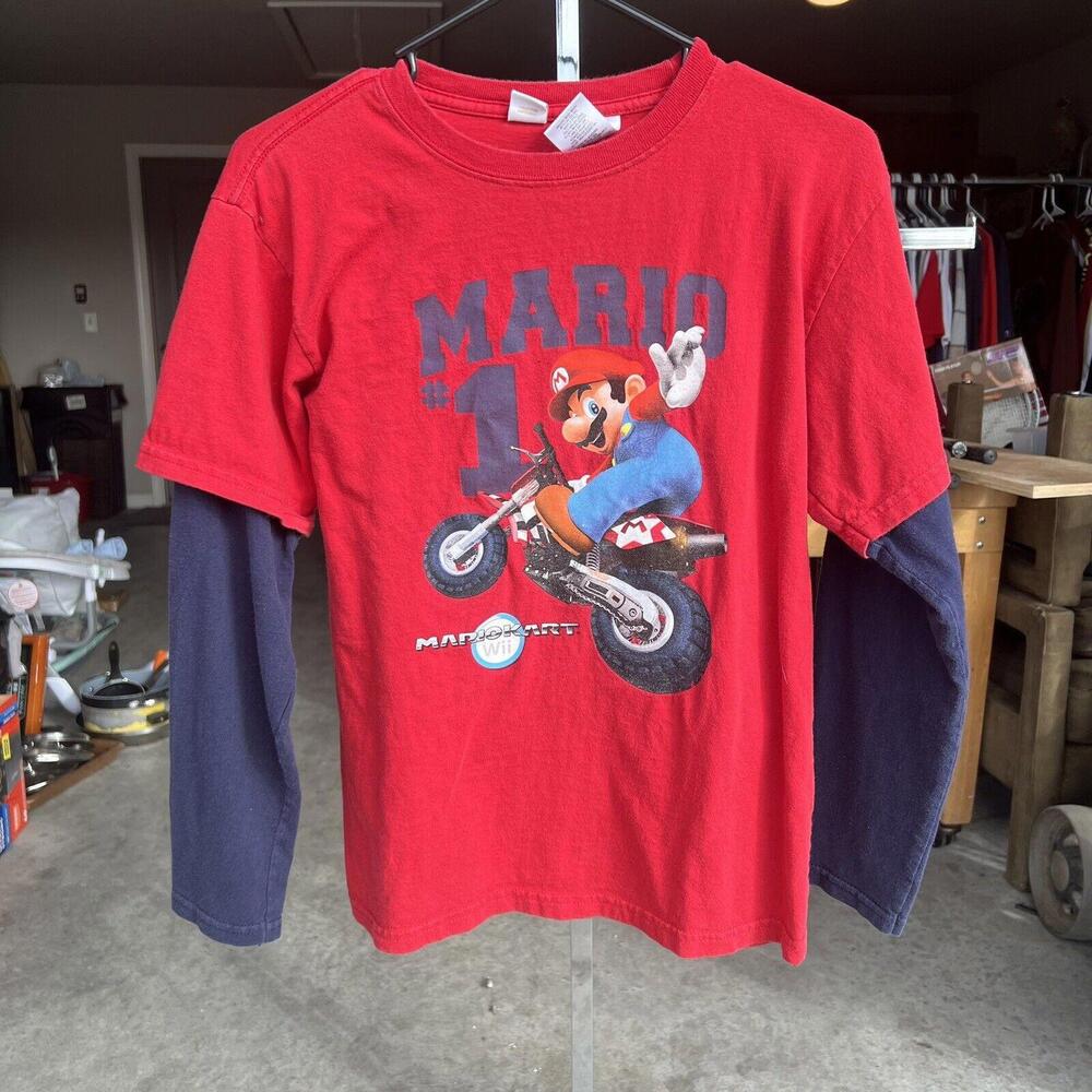 Vintage 00s Mario Kart Wii Gaming Super Mario Dirtbike Racing Shirt Size Small